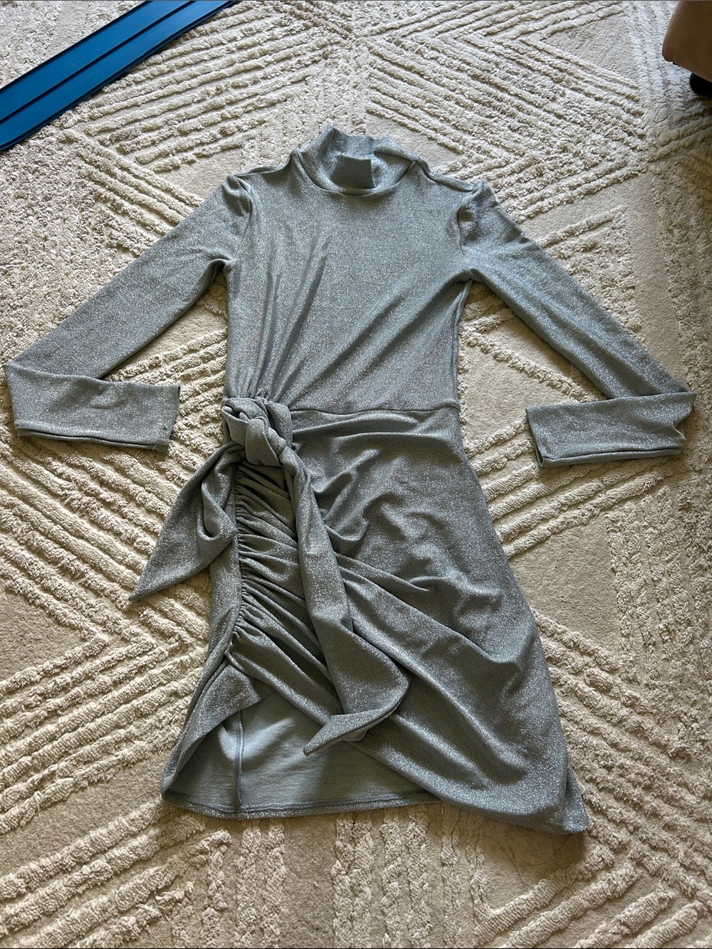 Reformation Silver Metallic Long-Sleeve Tie-Waist Dress